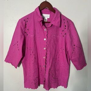 Susan‎ Graver 3/4 Sleeve Battenberg Lace w Eyelet Cut Linen Blend Blouse Medium